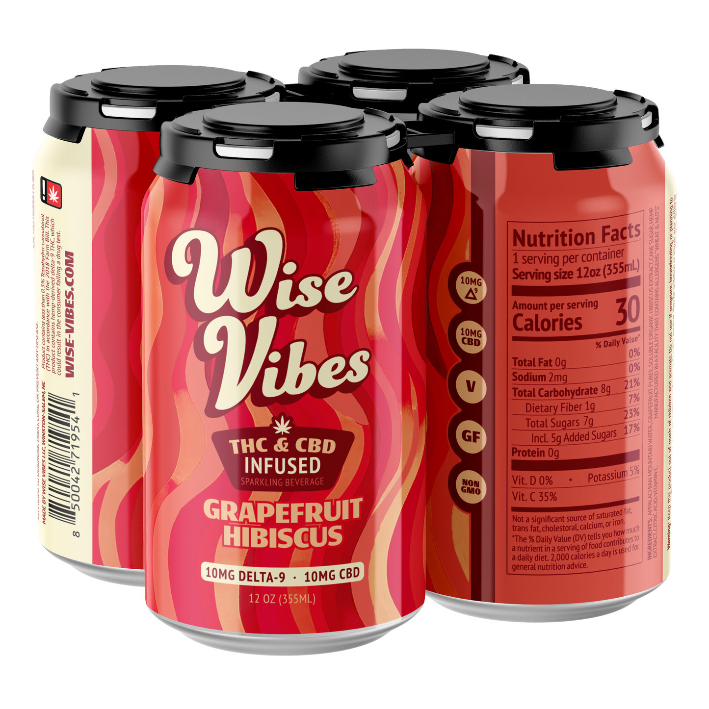 Wise Vibes 10mg THC + 10mg CBD Infused Grapefruit Hibiscus Sparkling Beverage (4-pack)