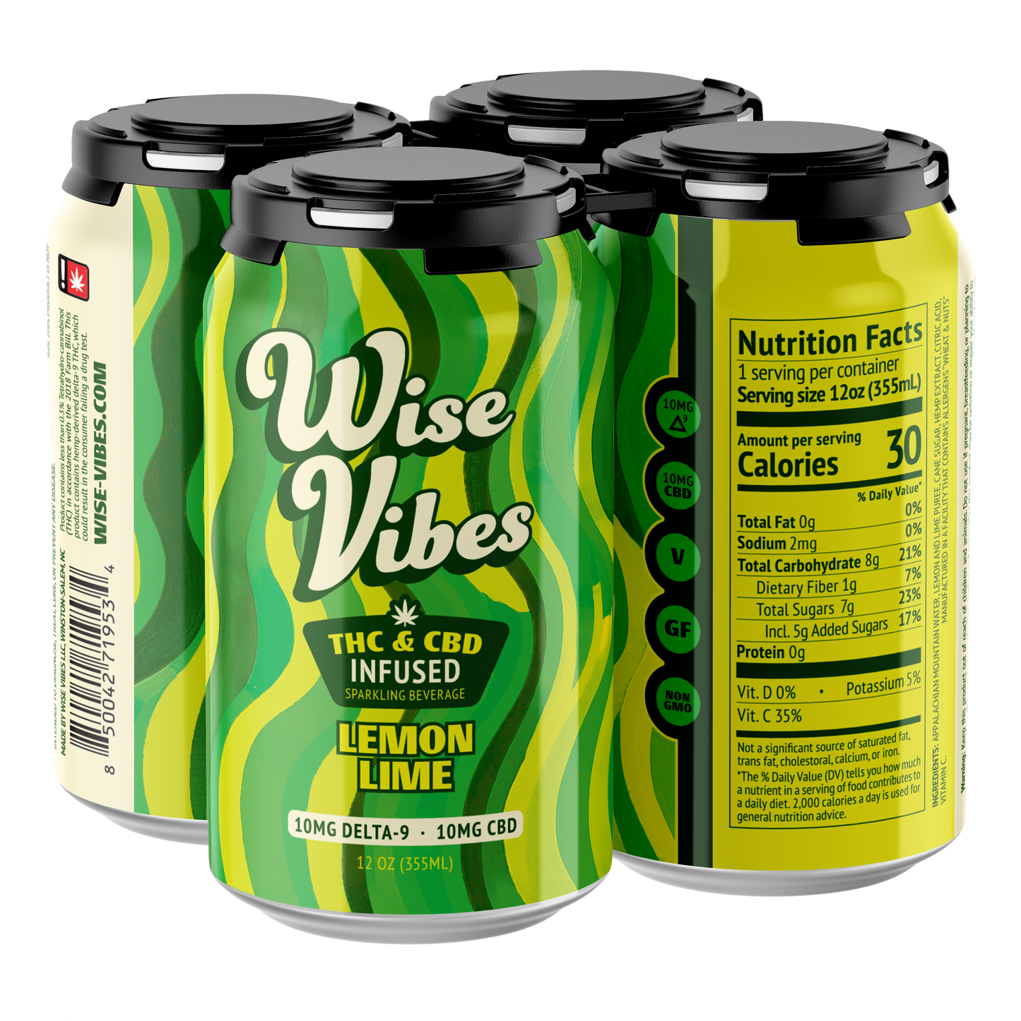 Wise Vibes 10mg THC + 10mg CBD Infused Lemon Lime Sparkling Beverage (4-pack)