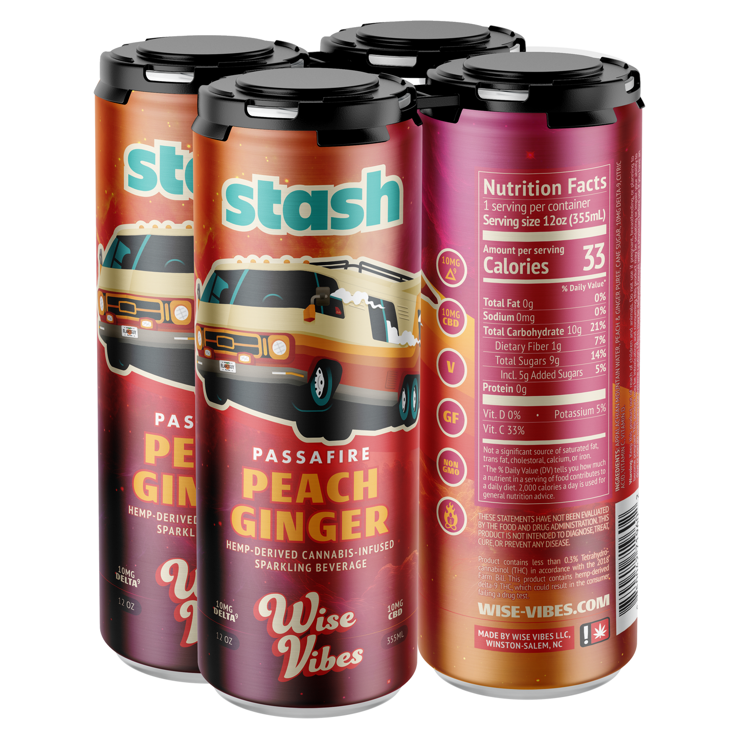 Wise Vibes 10mg THC + 10mg CBD Infused Passafire Stash Peach Ginger Sparkling Beverage (4 Pack)