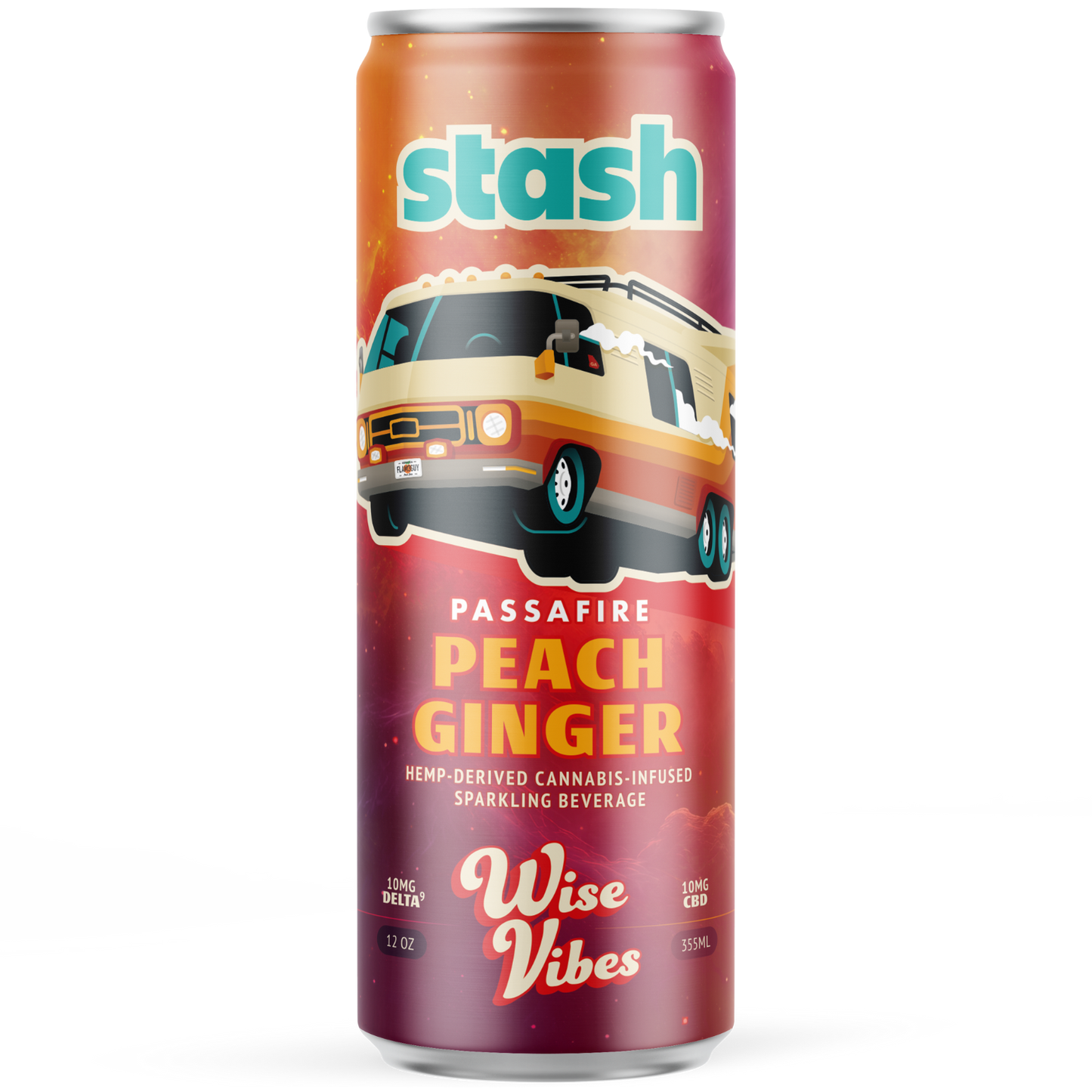 Wise Vibes 10mg THC + 10mg CBD Infused Passafire Stash Peach Ginger Sparkling Beverage (Single Can)