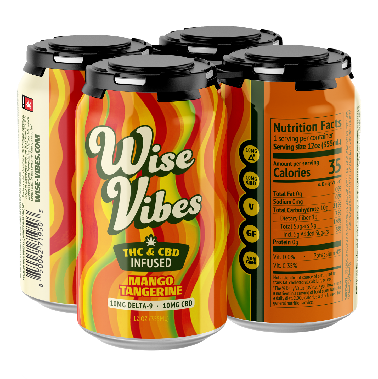 Wise Vibes 10mg THC + 10mg CBD Infused Sparkling Mango Tangerine (4-pack)