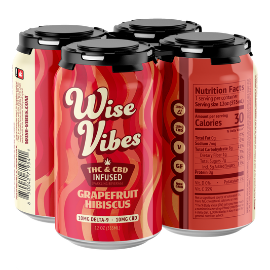 Wise Vibes 10mg THC + 10mg CBD Infused Grapefruit Hibiscus Sparkling Beverage (4-pack)