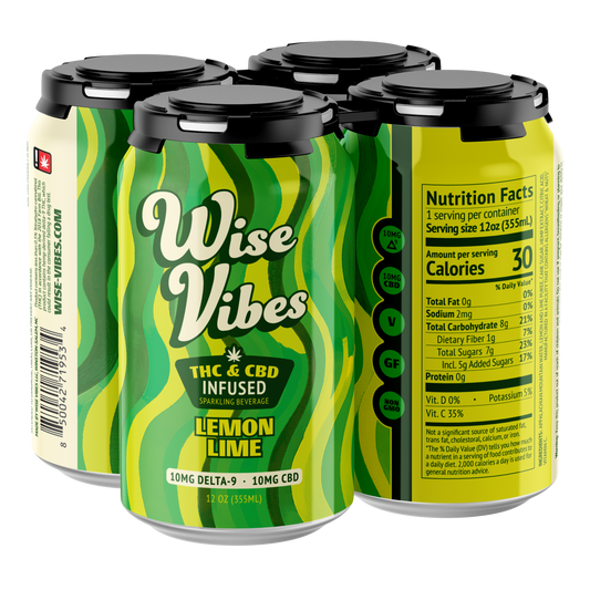 Wise Vibes 10mg THC + 10mg CBD Infused Lemon Lime Sparkling Beverage (4-pack)