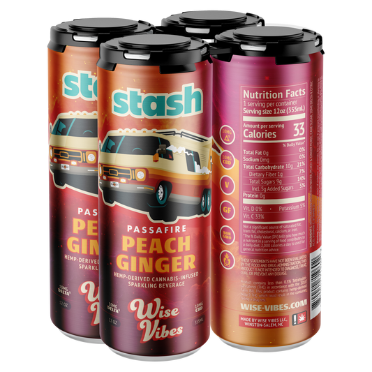 Wise Vibes 10mg THC + 10mg CBD Infused Passafire Stash Peach Ginger Sparkling Beverage (4 Pack)