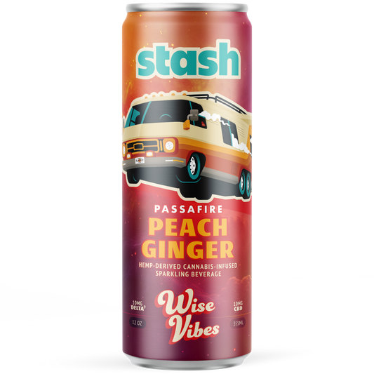 Wise Vibes 10mg THC + 10mg CBD Infused Passafire Stash Peach Ginger Sparkling Beverage (Single Can)