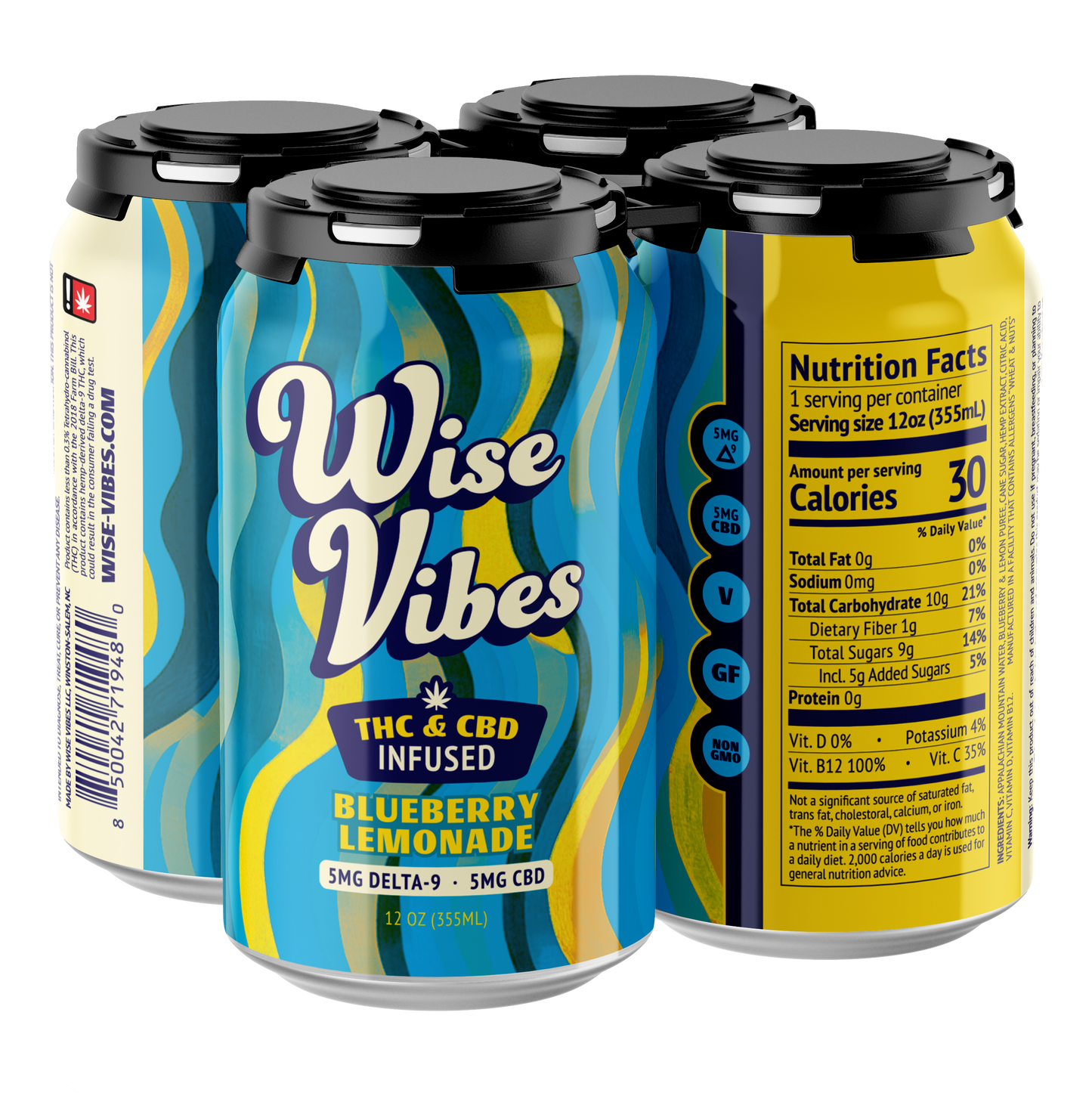 Wise Vibes THC + CBD Infused Sparkling Blueberry Lemonade (4-pack)