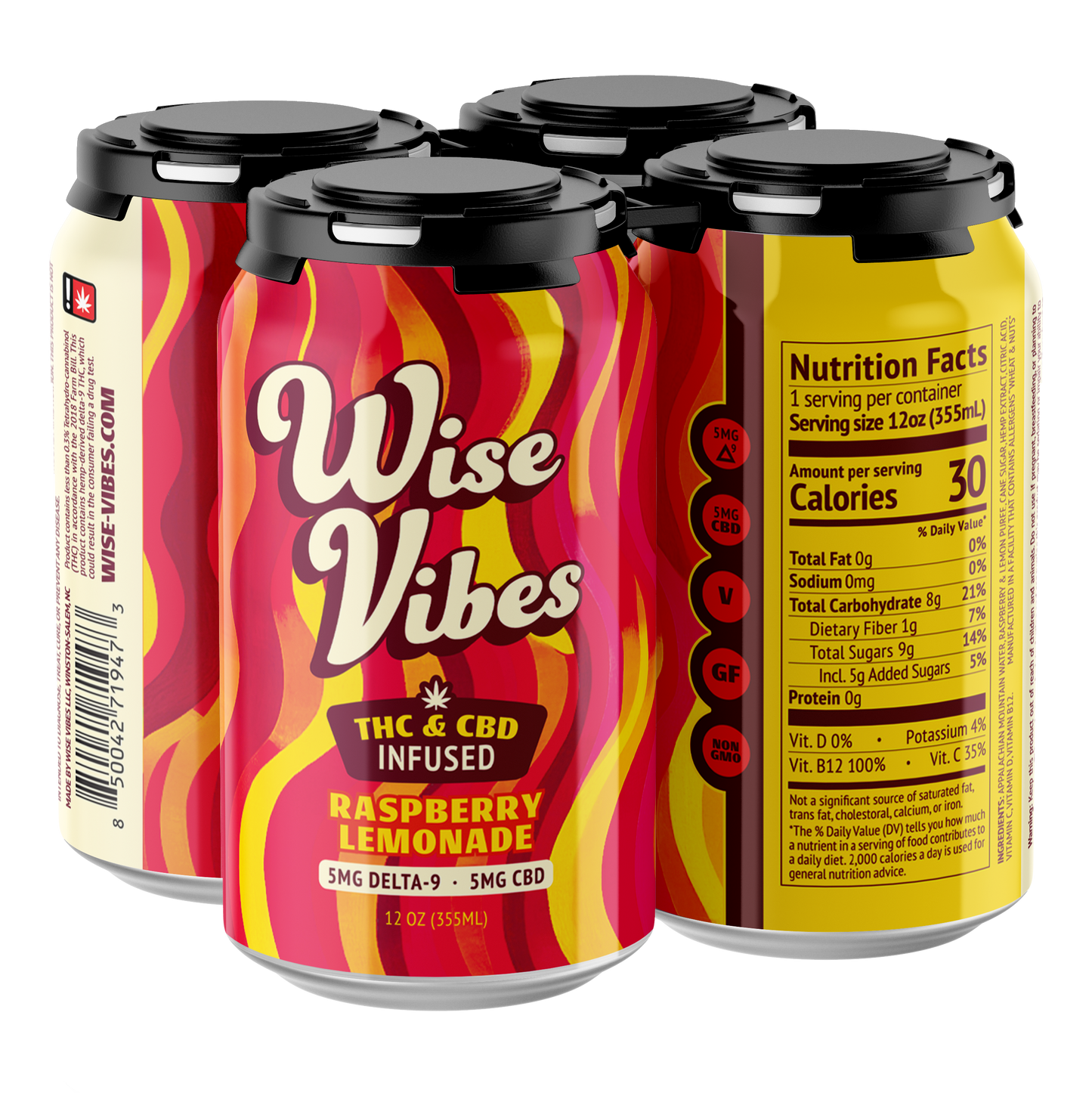 Wise Vibes 5mg THC + 5mg CBD Infused Sparkling Raspberry Lemonade (4-pack)